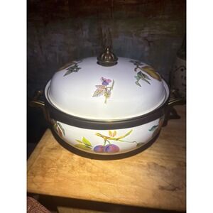 Tabletops Unlimited Fruit Enamelware Dutch Oven Lidded Casserole Pot Brass Handl
